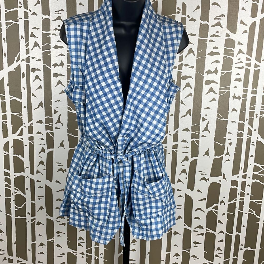 Baccini Blue & White Buffalo Plaid Brushed Cotton Chambray Tie Front Vest